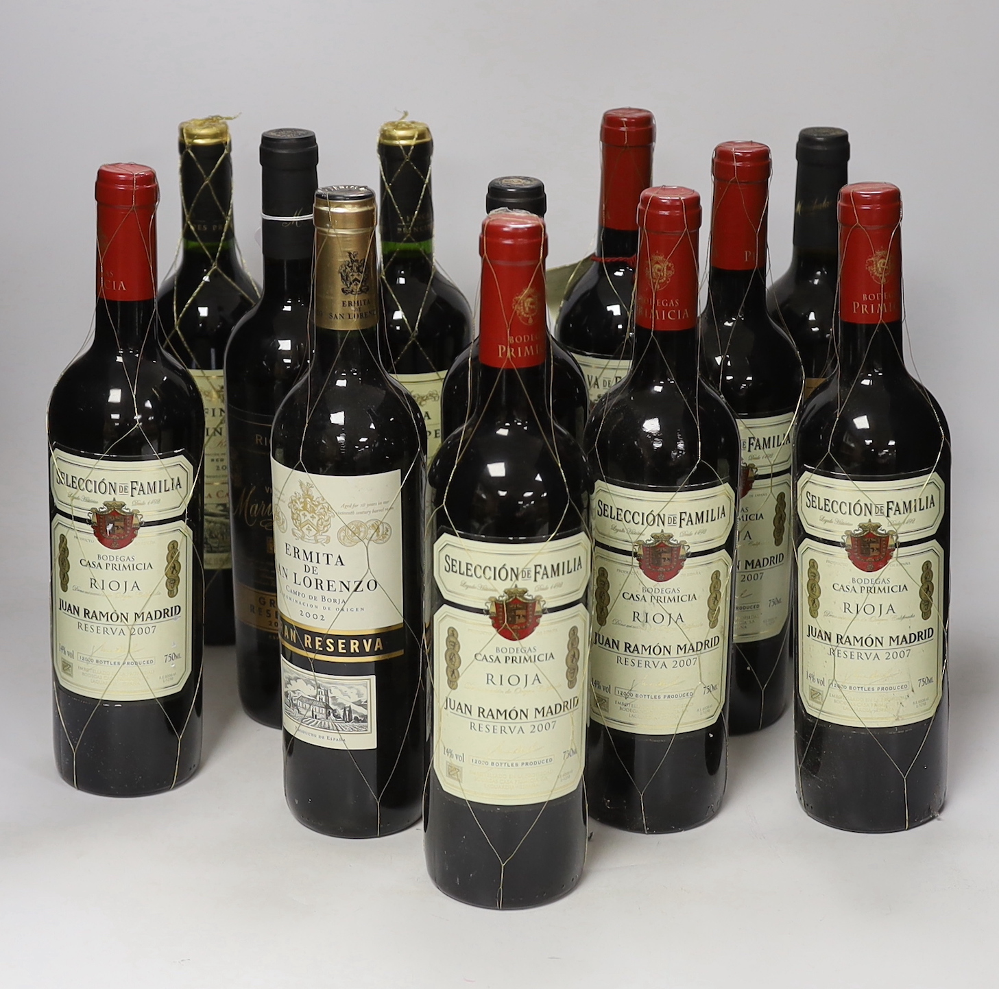 Twelve various bottles of Rioja: one bottle of 2004 Bodegas Primacia Rioja and five bottles of Bodegas Primacia 2007, a bottle of Ermita de San Lorenzo 2002 and five various bottles of Rioja, wine